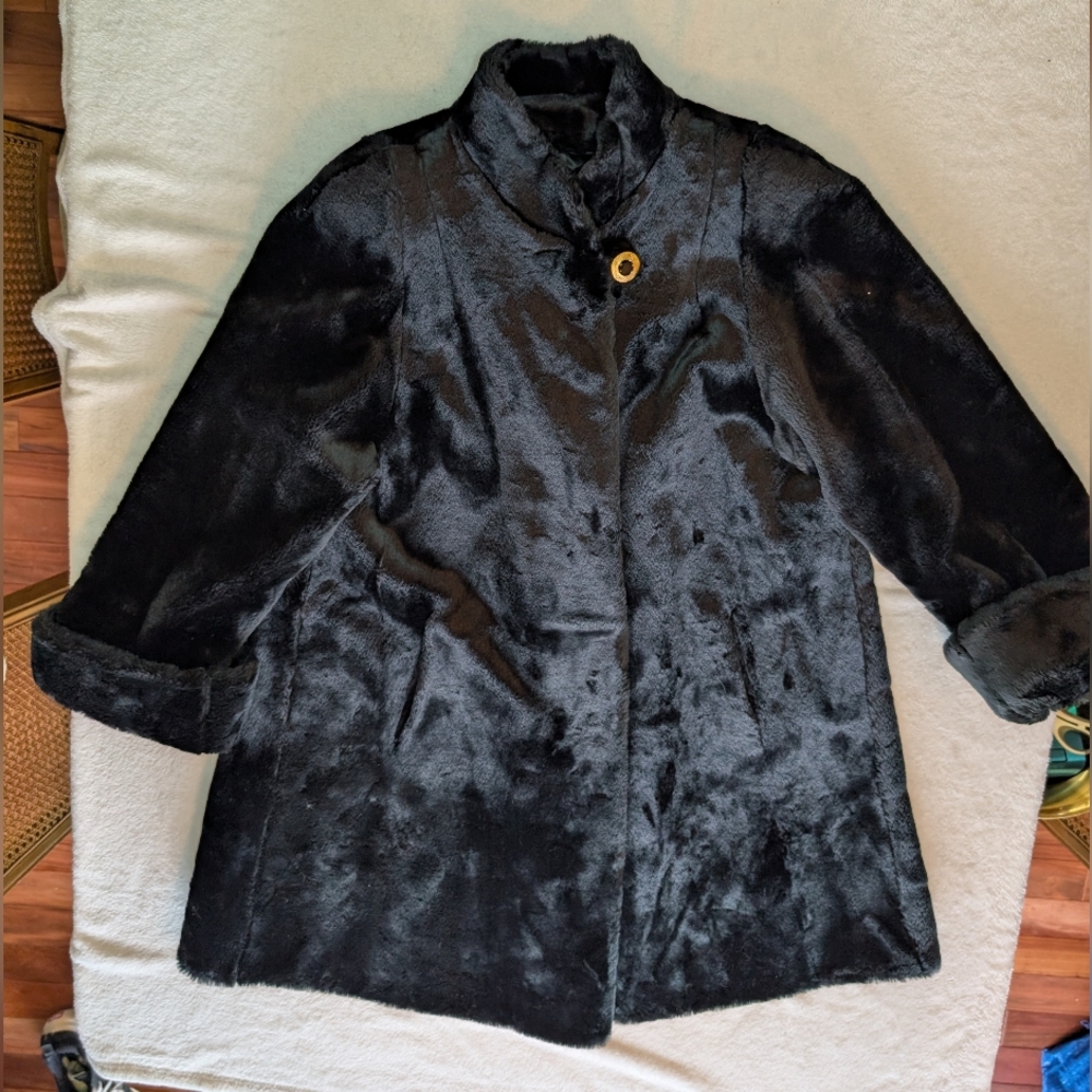 Vintage 80s Donnybrook Black Faux Fur Coat - Sz M Sz L